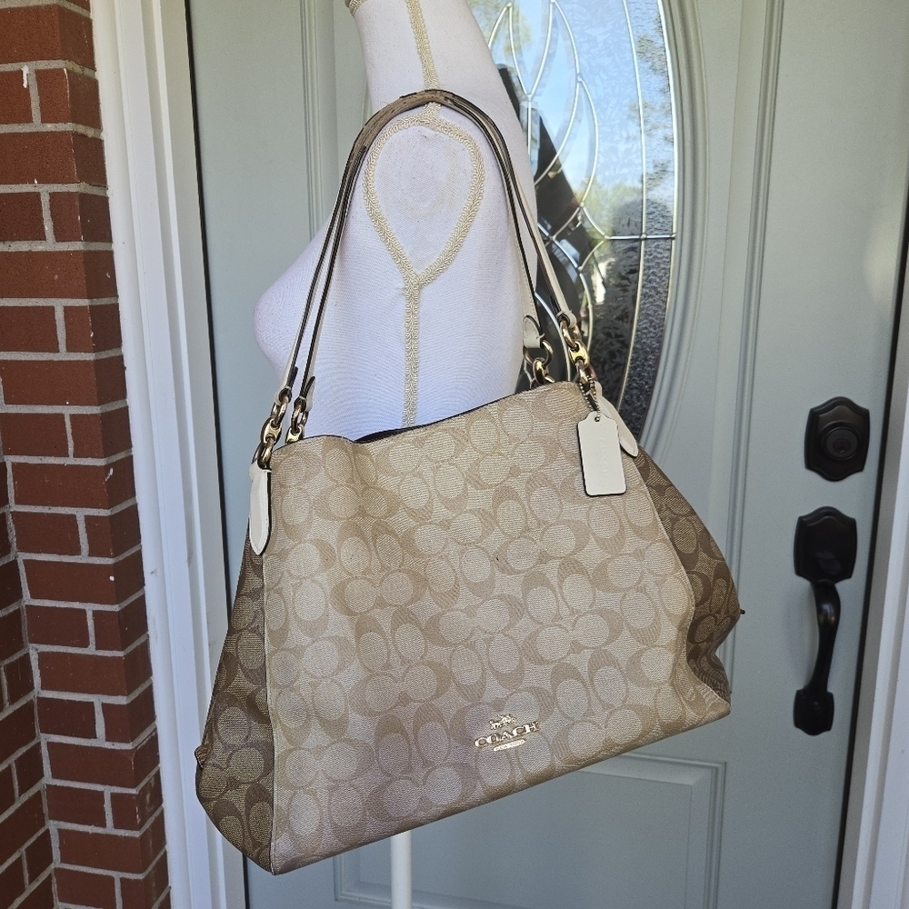 Coach Beige Signature Canvas Shoulder Bag with Ivory Accents